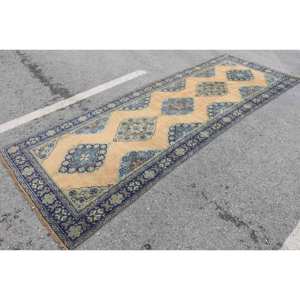 Tapis en laine beige bleu classique 4.1 x 11.2ft patchwork rectangle turc fait à la main avec support en latex grande taille pour salon adolescent - Product Image 3