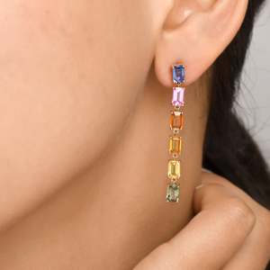 Natural Rainbow Sapphire Gemstone Tassel <b>Drop</b> <b>Earrings</b> 14k Solid Gold <b>Emerald</b> Cut Multi Color Stone Link Dangle <b>Drop</b> <b>Earrings</b> - Product Image 5