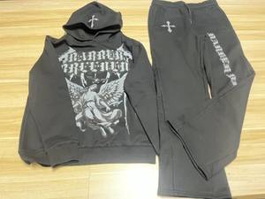 Pull à capuche avec logo personnalisé Pantalon de survêtement à bords bruts délavés à l'acide Survêtement à motif solide Sérigraphie Hiver - Product Image 3