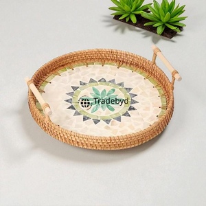 Plateau de service décoratif mobile moderne en rotin naturel de qualité supérieure fait à la main, plateau de cuisine Tradebyd - Product Image 5