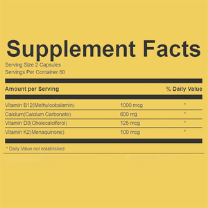 Complément alimentaire de haute qualité à marque privée, calcium avec vitamines D3, K2 et B12 en capsules, pour la santé des os, des articulations et des muscles - Product Image 2