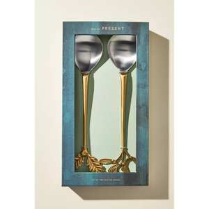 เซิร์ฟเวอร์สลัดสแตนเลสมีด้ามจับสีทองลายดอกไม้ที่เหมาะสำหรับเป็นของขวัญและการตกแต่งธีมหรูหราจากอินเดีย - Product Image 3