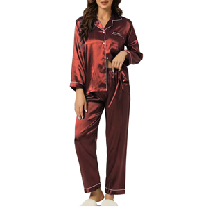 <b>Women's</b> Breathable Lightweight Satin Button <b>Lounge</b> Pajama Set Soft Sleepwear Solid Pattern Elastic Waist for Summer Autumn - Product Image 3