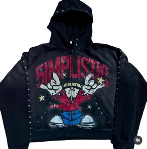 Streetwear coton éponge français soleil délavé Vintage fermeture éclair lavé personnalisé en détresse broderie Patch sweats à capuche - Product Image 3