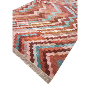 Tapis en laine et soie de bambou noués à la main Manchaha, motif chevron rouge et orange pour la maison - Les-2682 - Product Image 2