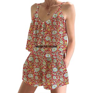 Conjunto de Pijama Corto con Estampado Floral Indio Hecho a Mano, de Algodón para Mujer, Primavera/Verano, Ajustado, con Tirantes, Sin Mangas - Product Image 6