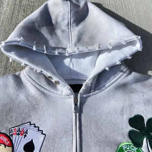 Sweat à capuche vintage lavé en coton mélangé personnalisé à double fermeture éclair pour hommes, sweat à capuche avec broderie et appliques à fermeture éclair bidirectionnelle - Product Image 2