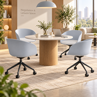 Chaise de réception commerciale avec dossier en forme de baril, base en aluminium PP et roulettes, coussin en tissu pour hall d'hôtel et zone d'accueil