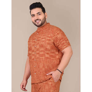 Amanush <b>Men's</b> Tan Brown Texture Plaid Mandarin Collar Short Sleeve Casual Plus Size Shirt Regular Fit Summer Woven Poplin Shirt - Product Image 3