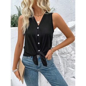 Blusa de viscosa sin mangas con cuello en V y botones frontales con detalle de lazo para mujer, 34613 - Negro - Product Image 5