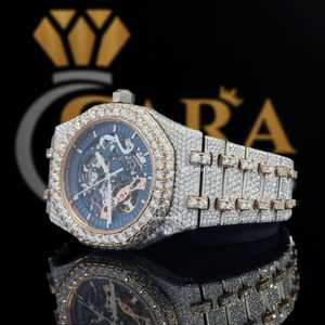 Reloj de movimiento automático de diamante VVS Moissanite totalmente helado para hombre de lujo con esfera de esqueleto azul y detalles dorados - Product Image 2