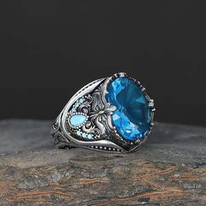 Anillo de Hombre de Plata de Ley 925 de Alta Calidad Estilo Otomano Azuris, Joyería de Moda con Piedra de Ágata Natural Yamen, Hecho en Turquía - Product Image 1