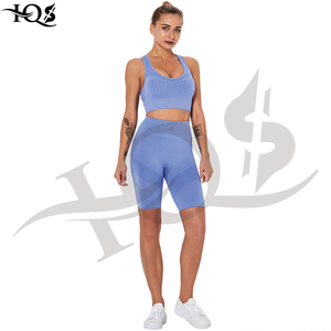 HQS Women's 2 Piece Yoga Set Solid <b>Blue</b> Ribbed Sports <b>Bra</b> High Waist Shorts Seamless Breathable Lightweight Four-Way Stretch - Product Image 6