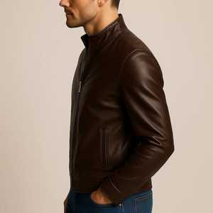 Men <b>Brown</b> <b>Leather</b> <b>Jacket</b> Slim Fit Moto Bomber Style Coated Stand Front Winter Breathable Windproof Outerwear Stylish Durable - Product Image 6