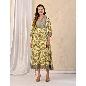 Vestido Largo de Algodón Gris Crema con Estampado Floral, Silueta Recta y Cintura Natural - Product Image 3