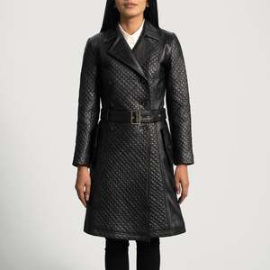 Abrigo de Gabardina Vintage Sweet Susan en Cuero Genuino Negro con Capucha y Relleno de Algodón, Largo e Impermeable para Otoño y Primavera - Product Image 1