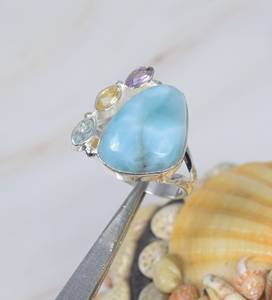 Vente chaude Naturel Bleu Larimar Océan Et Ronde Coupe Tourmaline Anneau Pierre Précieuse 925 En Argent Sterling Poire Coupe Amour Femmes Rencontres - Product Image 1