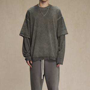 Camiseta de manga doble con lavado ácido gráfico Hip Hop de lujo con cuello redondo a la moda de alta calidad - Product Image 3