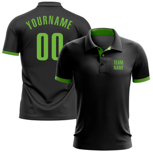 Polo personnalisé noir à sublimation avec des accents verts, personnalisé avec le nom de l'équipe et le numéro du joueur, élégant et confortable à porter - Product Image 4