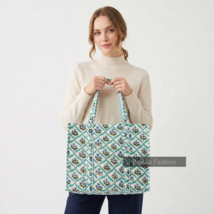 Bolso Tote de Algodón Acolchado con Estampado a Mano de Jaipur PinksaFashion, Diseño Floral Sanganeri, Ecológico, para Verano, Invierno y Primavera - Product Image 1