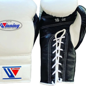 Gants de boxe à lacets Winning, blanc et noir, cuir véritable, professionnels, pour entraînement et sparring, 8oz 10oz 12oz 14oz 16oz - Product Image 2