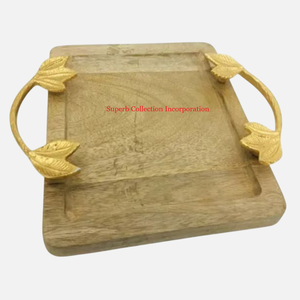 Bandeja de servicio de madera exclusiva con mango de metal, forma redonda, organizador de mesa para servir, suministros para restaurante de Hotel a la venta - Product Image 5