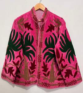 Hand Embroidered Floral Breathable <b>Velvet</b> Suzani <b>Jacket</b> with Stand Collar for <b>Women</b> Ethnic Uzbek Tribal Outerwear Wholesale - Product Image 1