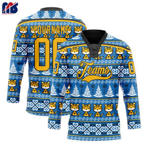 Maillot de hockey personnalisé pour homme, col à lacets 3D, design Père Noël, haute qualité, 280 GSM, maillots de hockey américains pour jeunes et adultes - Product Image 1