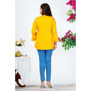 Top chic en mousseline de soie jaune pour femmes coréennes avec manches à volants et col en V - pour le printemps/été - taille XL - Product Image 4