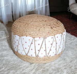 Puf de forma redonda hecho a mano único, taburete tapizado, yute trenzado a mano multicolor para sala de estar, dormitorio, consola con incrustaciones de hueso - Product Image 3