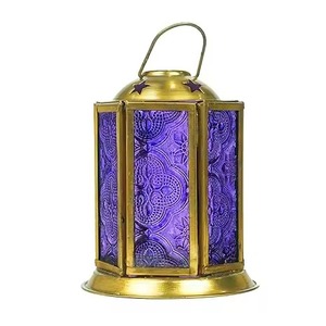 <b>Moroccan</b> Gold Lantern with Blue Glass Panels Decorative Metal Candle Holder for Tea <b>light</b> or Candles Ramadan Wedding Party Decor - Product Image 5