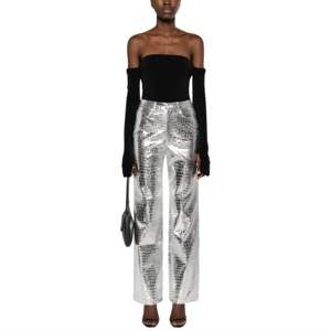 Birger Christensen Pantalon droit à taille haute en crocodile gaufré Finition métallisée Couture tonale Cinq poches Boucles de ceinture - Product Image 3