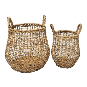 Natural Hand Woven Banana Bark Storage Basket Set Open Grid Mesh Belly Pot Planter Pure Art Arch Handle Decor Setup Room Design - Product Image 1