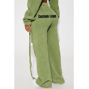 Sweat-shirt et pantalon surdimensionnés pour femmes avec logo personnalisé sweats à capuche délavés à l'acide avec décoration de ceinture automne hiver hauts et pantalons tenues - Product Image 4