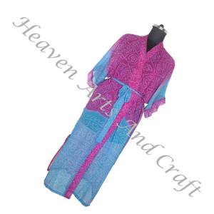 KL005 mujeres abstractas de seda pura Vintage Sari Kimono largo tamaño libre ajustable Vintage Sari Kimono Chaqueta larga Mujer seda Vintage - Product Image 5