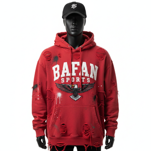 เสื้อฮู้ดดี้ผ้าฝ้ายฟลีซ 350 GSM สีแดง แต่งรอยขาด สไตล์สเปรย์ นุ่ม อุ่น สกรีนโลโก้ปักเองได้ เสื้อฮู้ดดี้พื้นฐาน - Product Image 1