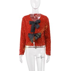 Chaqueta de Lona Acolchada con Lentejuelas y Lazo Brillante para Mujer, Mezcla de Algodón, Estilo Y2K Chic, Top Corto, Ropa Exterior Transpirable Roja - Product Image 1