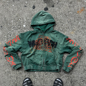 Sweat à capuche zippé noir personnalisé pour hommes Vintage lavé à l'acide surdimensionné éponge française DTG impression broderie strass Streetwear à capuche - Product Image 4