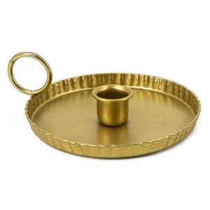 Bougeoir en métal rétro en laiton en gros, plateau rond cannelé pour bougie avec poignée, porte-bougie conique en alliage de zinc doré de haute qualité - Product Image 1