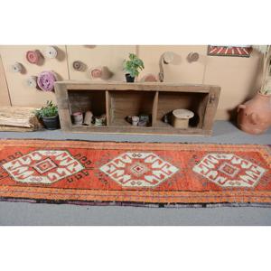 Turkish Vintage Rug, 3.1x11.4 ft <b>Runner</b> Rug, <b>Red</b> Herki Camouflage Rug - Product Image 4