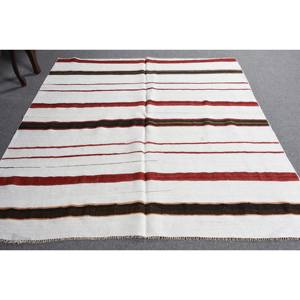 Alfombra de lana roja y blanca moderna, alfombra turca de tejido plano de 5,3x5,7 pies para sala de estar, 9x12, patrón de retales rectangulares, respaldo de látex - Product Image 5