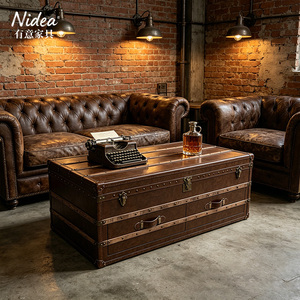 Mesa de Centro de Cuero Marrón Vintage con 2 Cajones de Almacenamiento, Diseño Industrial Retro para el Hogar, Bar, Sala de Estar, Multifuncional - Product Image 3