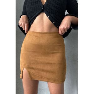 TOPSHOW Women's Red Suede <b>Slit</b> <b>Midi</b> <b>Skirt</b>, Elegant High Waist Pencil Style for Casual and Office Wear - Product Image 1