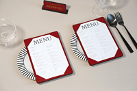 Pemegang Menu restoran kulit PU ukuran A4 kustom dengan pola akhir teknik pendukung rajutan Logo timbul untuk Hotel