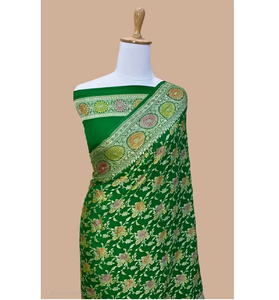 ผ้าคลุมไหล่แบบทอมือ ผ้าไหมชีฟองบานาราสีพรีเมียม ผ้าซารีพาวเวอร์ลูม งานปักดิ้นทองหรูหรา ชิ้นผ้าสำหรับตัดเสื้อแบบดั้งเดิม ชุดสำหรับงานปาร์ตี้แบบดั้งเดิม ป้องกันแสงแดด - Product Image 1