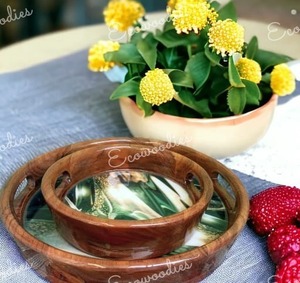 Premium Design Rounded <b>Wooden</b> Serving Tray Bamboo Handles Set of 2 for Home Kitchen Bar or Restaurant Brown - Product Image 2