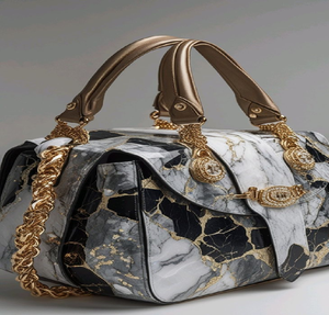 Sac blanc avant-gardiste avec motifs de feuilles noires et dorées. Mode haut de gamme disponible à prix de gros. - Product Image 2