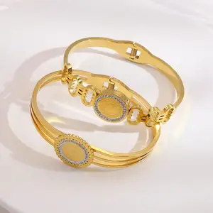 Opening 18K Gold Plated Watch Belt Tarnish Free Hollow Cubic Zirconia Titanium Stainless Steel Jewelry Bangles For Women