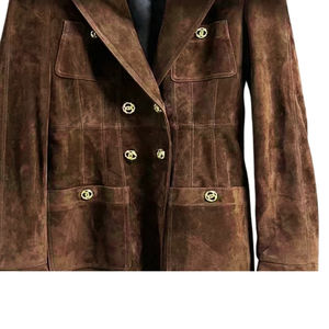 Luxury Natural <b>Women's</b> <b>Suede</b> Sheep Leather Blazer <b>Jacket</b> Brown Winter Summer Breathable Stand Collar Button Front - Product Image 3