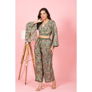 Lady's New Style 2-Piece Set Breathable Printed Chiffon Bell Sleeves <b>Top</b> Pajama Flare Sleeve Dress Knotted Silk Palazzo Women - Product Image 4